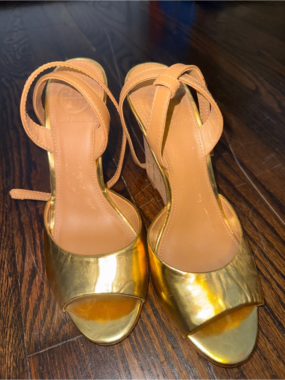Tory Burch Gold Metallic and Tan Leather Strappy Heels